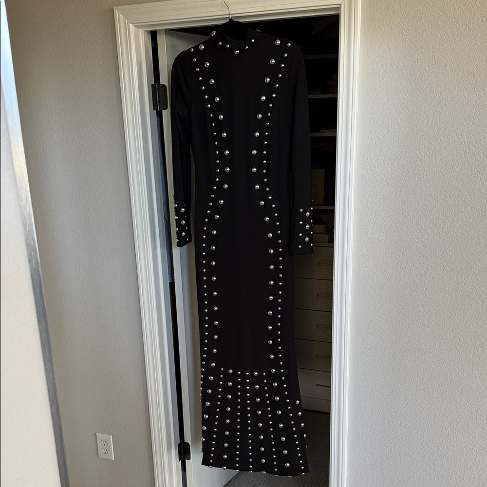 Fashion Nova Black Pearl Embellished Long Sleeve Dress